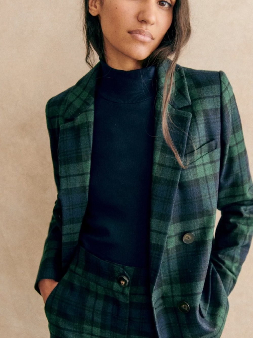 Sézane Navy Tartan Christie Blazer Size 6 Excellent Condition.